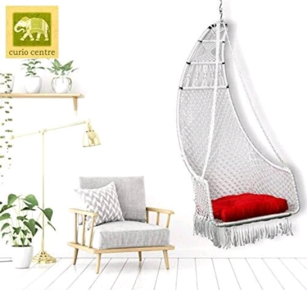CURIO CENTER Make in India Leisure Half Moon Shape Nylon Swing with Cushion/Hammock Swing Chair-Iron Frame, Swing for Indoor/Outdoor/Nylon Rope Swing/Free Hanging Accessories(36 x 27 x 53 In, White - Free Size, White, Nylon Rope With Iron Frame, Pack of1, Half Moon Shape
